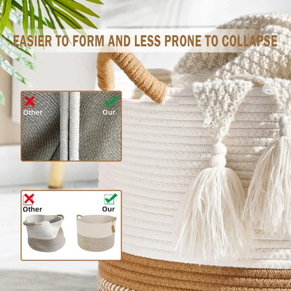 Extra Large Cotton Rope Basket for Storage, Domaci Woven Basket for Organizing, Blanket Basket Clothes Basket Laundry Hamper with Handles (16" x 20")