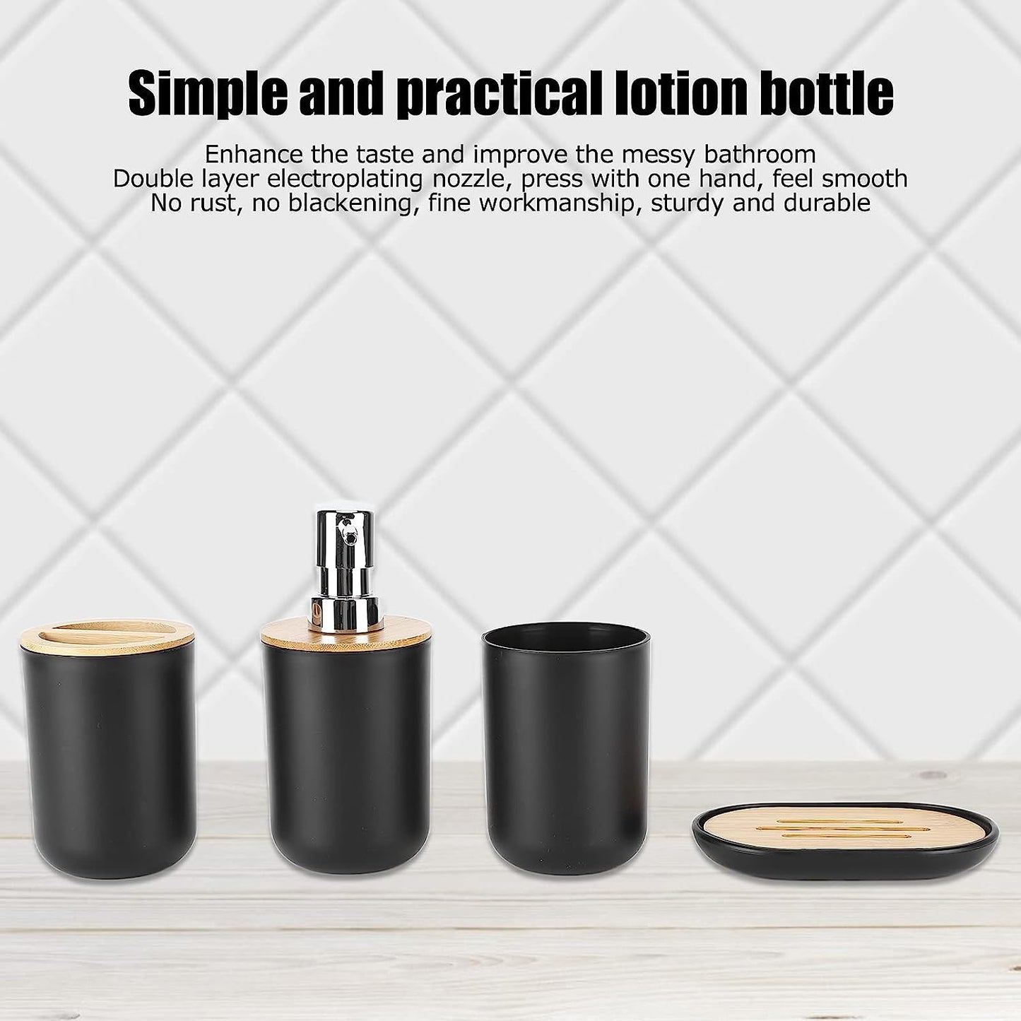 Bathroom Accessory Set, 4 Packs Dinosam Bamboo Waterproof Gift Set Plastic Toothbrush Cup Lotion Dispenser Soap Box Tooth Mug Modern Style for Home Hotel