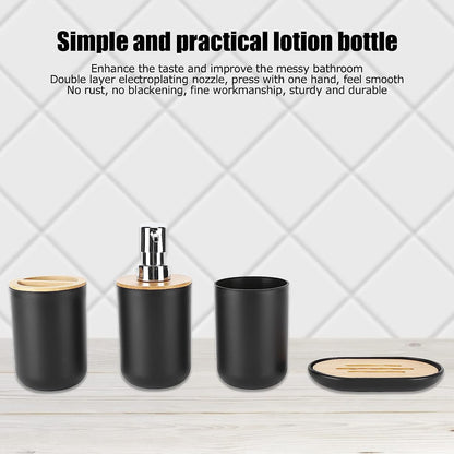 Bathroom Accessory Set, 4 Packs Dinosam Bamboo Waterproof Gift Set Plastic Toothbrush Cup Lotion Dispenser Soap Box Tooth Mug Modern Style for Home Hotel