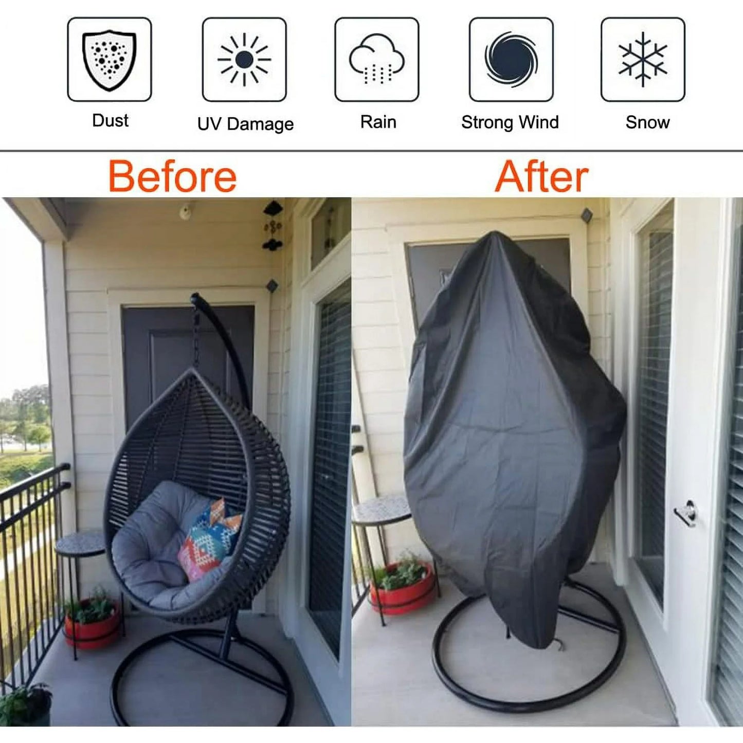 Patio Egg Chair Cover,75 x 45 in Patio Hanging Swing Chair Cover,Large Egg Swing Chair Cover Waterproof /Windproof Heavy Duty Weather Resisatnt Outdoor Furniture Cover with Zipper Drawstring,Black
