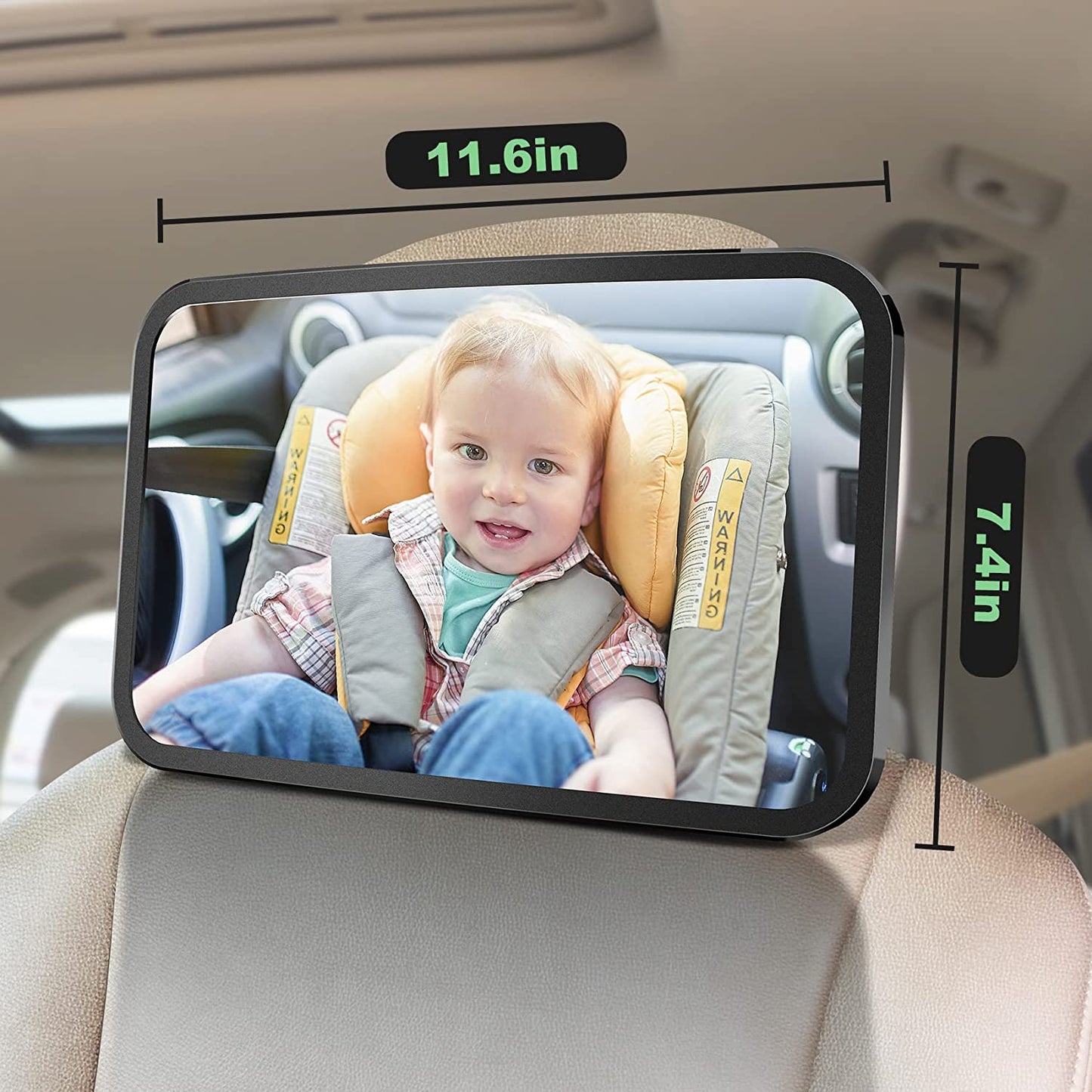 Baby Car Mirror,Shatterproof Baby Mirror for Car Seat Mirror for Rear Facing, Large Beckseat Safty Crash Tested Clear Wide View, 12 x 7.5", Black