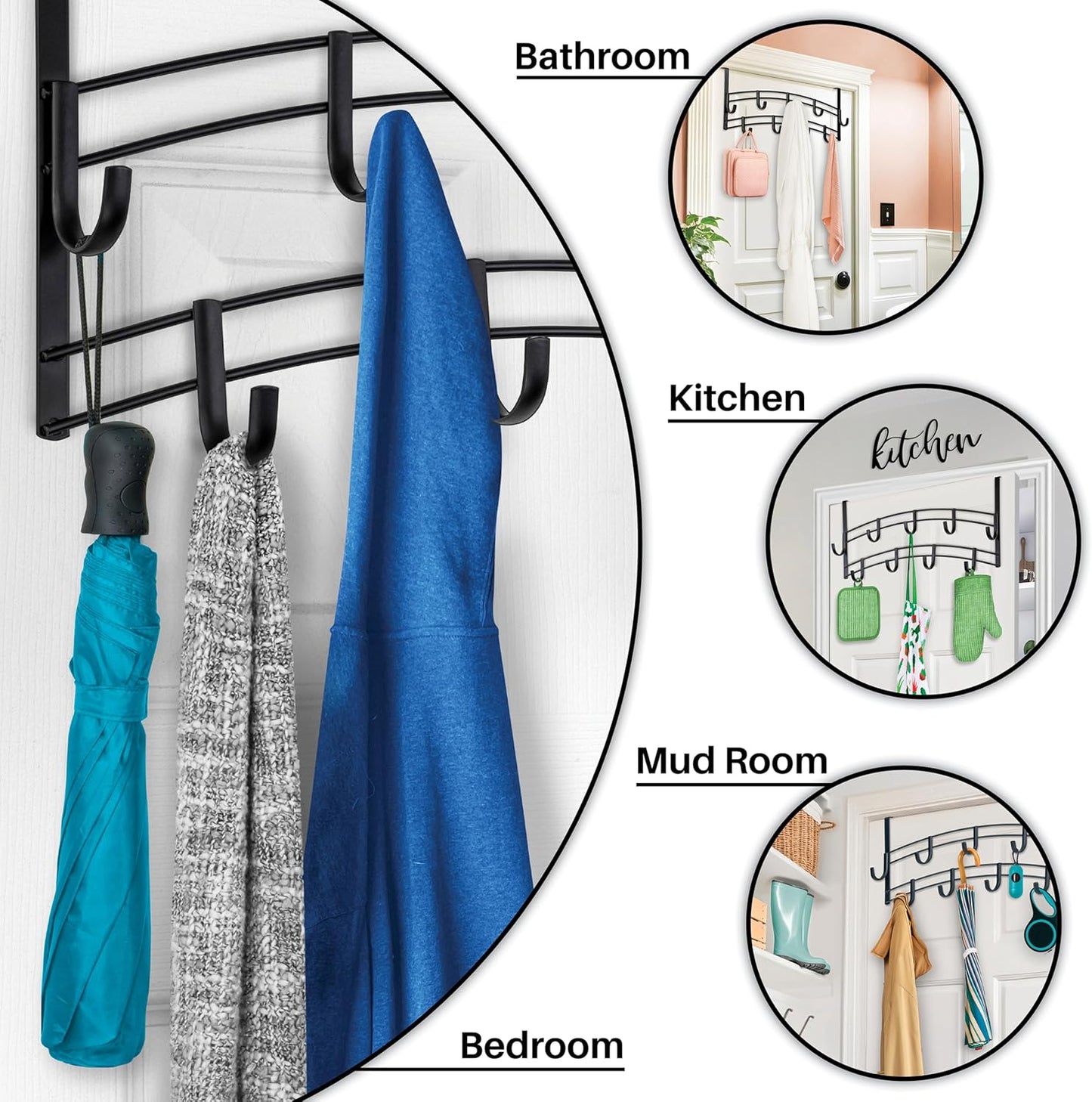 Over Door Hooks Rack, Domaci 9 Hook Over Door Hanger, Over Door Towel Rack, Over Door Hooks for Hanging Towels or Clothes, for Bathroom, Bedroom or Laundry Room (Black)