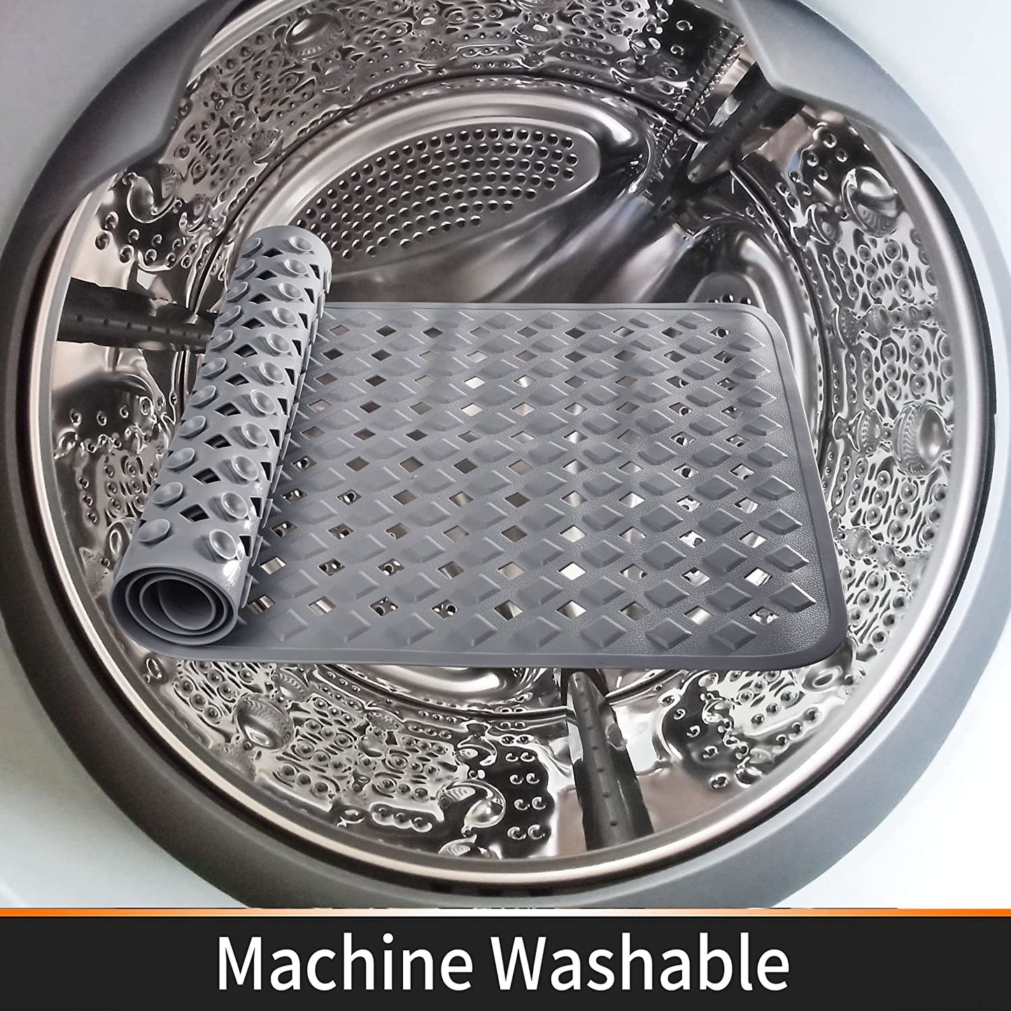 Bath Tub Mat Bath Mat for Tub Shower Mat Dinosam Bathtub Mat Non Slip 16 x 35 Extra Long Rubber Bath Mat, Suction Cups, Drain Holes, Machine Washable Bathroom Mat,Gray