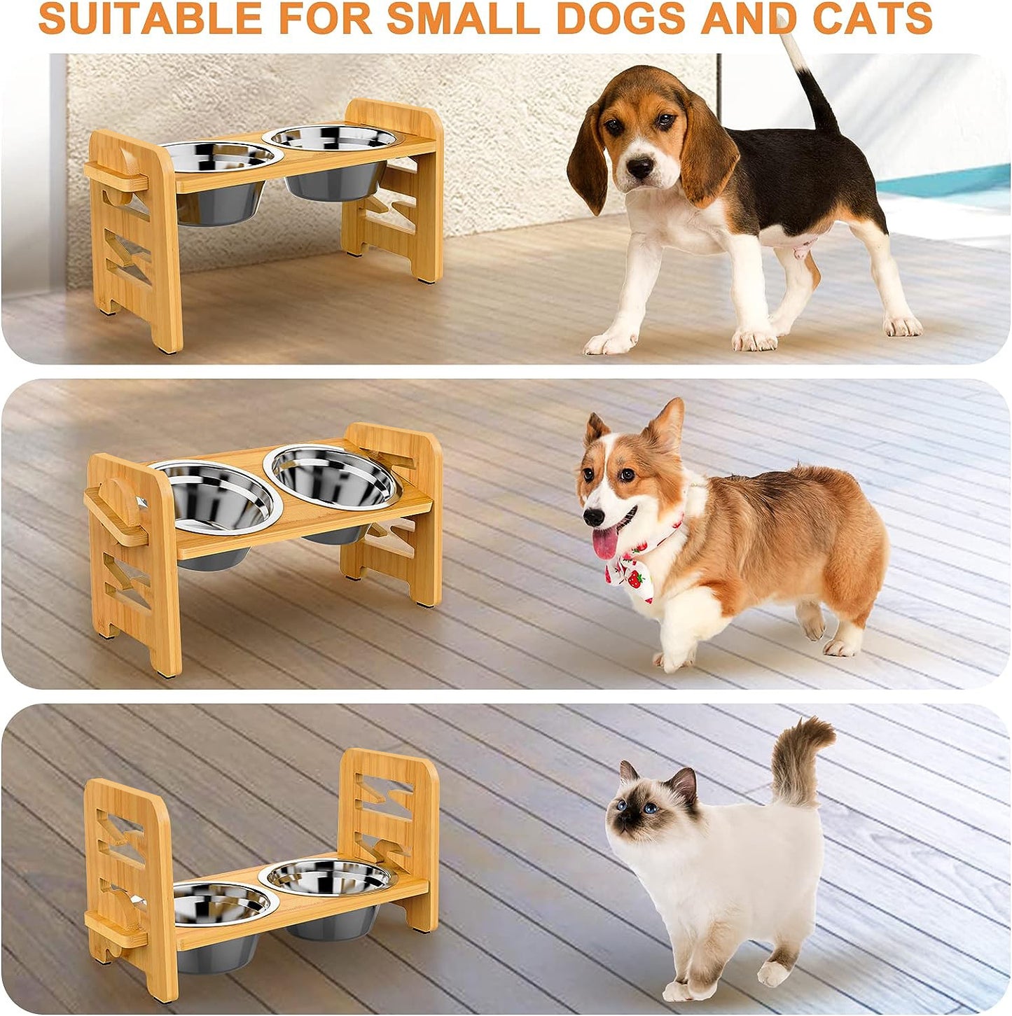 Elevated Dog Bowls for Small Dogs, Elevated Cat Bowls for Indoor Cats, Adjustable Raised Dog Bowl Stand, Raised Cat food Bowls with 2 Stainless Steel Bowls, Bamboo Dog Food Bowls with Stand