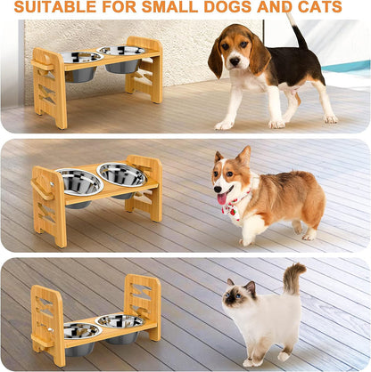 Elevated Dog Bowls for Small Dogs, Elevated Cat Bowls for Indoor Cats, Adjustable Raised Dog Bowl Stand, Raised Cat food Bowls with 2 Stainless Steel Bowls, Bamboo Dog Food Bowls with Stand