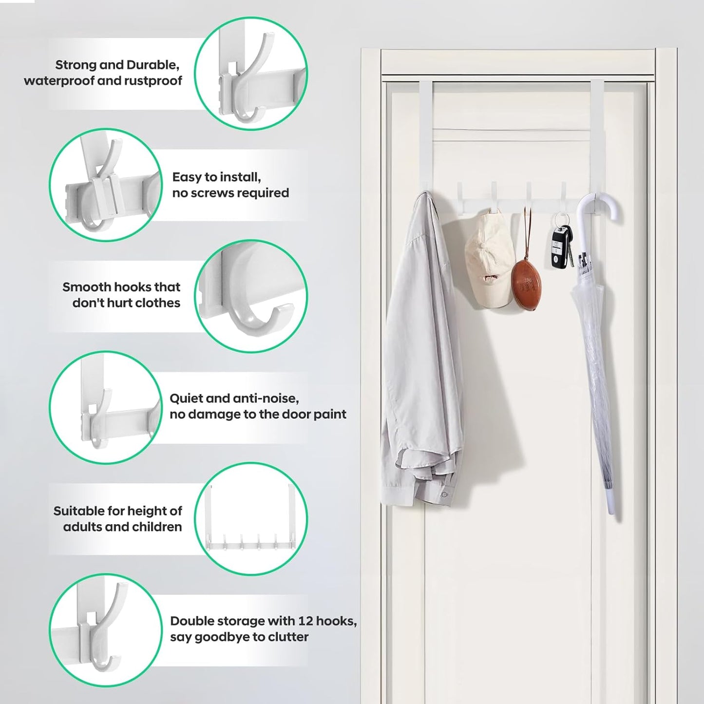 Over The Door Hooks, Door Hanger Hooks for Hanging, Over The Door Towel Racks, Over The Door Hanger, Coat Rack with 12 Coat Hooks, Wreath Door Hanger Over The Door Organizer, White
