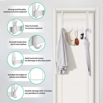 Over The Door Hooks, Door Hanger Hooks for Hanging, Over The Door Towel Racks, Over The Door Hanger, Coat Rack with 12 Coat Hooks, Wreath Door Hanger Over The Door Organizer, White