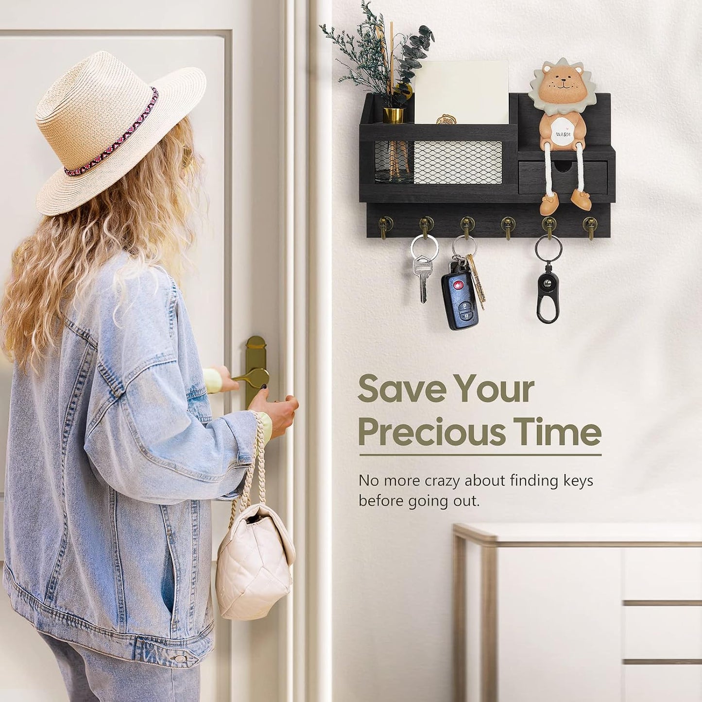 Key Holder for Wall,Dinosam Updated Mail Organizer Wall Mount with Drawer,Mail Holder Shelf and 6 Sturdy Hooks,Hanging Key Rack Hanger for Entryway, Hallway, Bedroom, Living Room and Office,Black