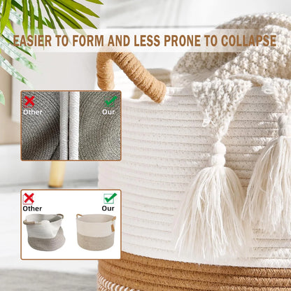 Large Laundry Basket Cotton Rope Storage Basket(16"x14"), Domaci Woven Baskets for Storage,Blanket Basket,Toy Storage Basket,Pillow Basket,Round Basket,Baby Hamper