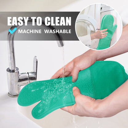 Extra Long Oven Mitts and Pot Holders Sets, RORECAY Heat Resistant Silicone Oven Mittens with Mini Oven Gloves and Hot Pads Potholders for Kitchen Baking Cooking, Quilted Liner, Green, Pack of 6