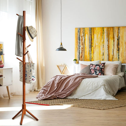 Coat Rack Stand Hat Rack Stand, Dinosam Wooden Coat Rack Freestanding Coat Hanger and Hat Holder with 8 Hooks, Sturdy Hat Hanger Entryway Hall Tree for Clothes/Bags/Hats, Elegant, Brown