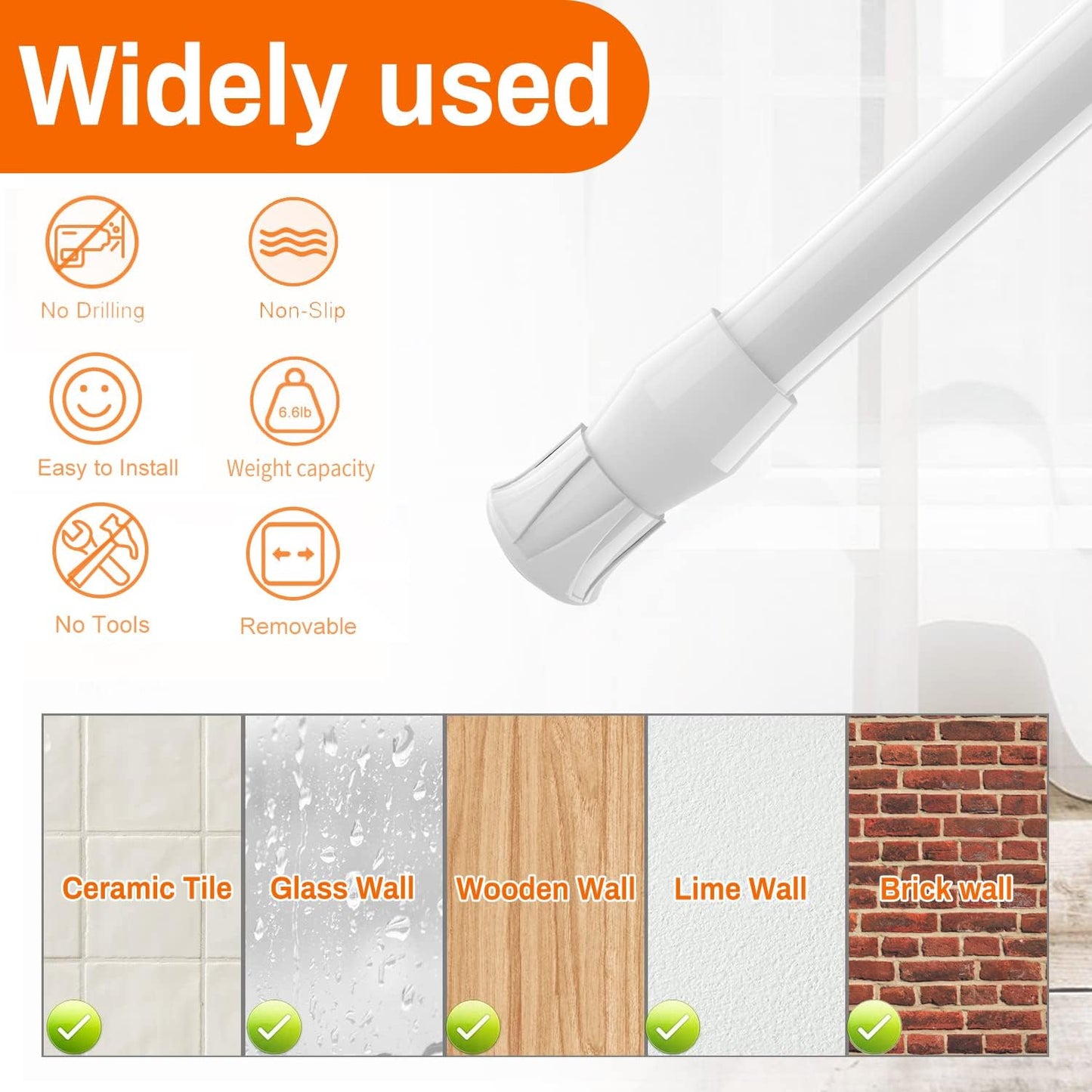 6 Pcs Spring Tension Curtain Rod, 28"-48" Adjustable Curtain Rods No Drilling Tension Rods for Windows 28 to 48 inch Bathroom Wardrobe Closet, White