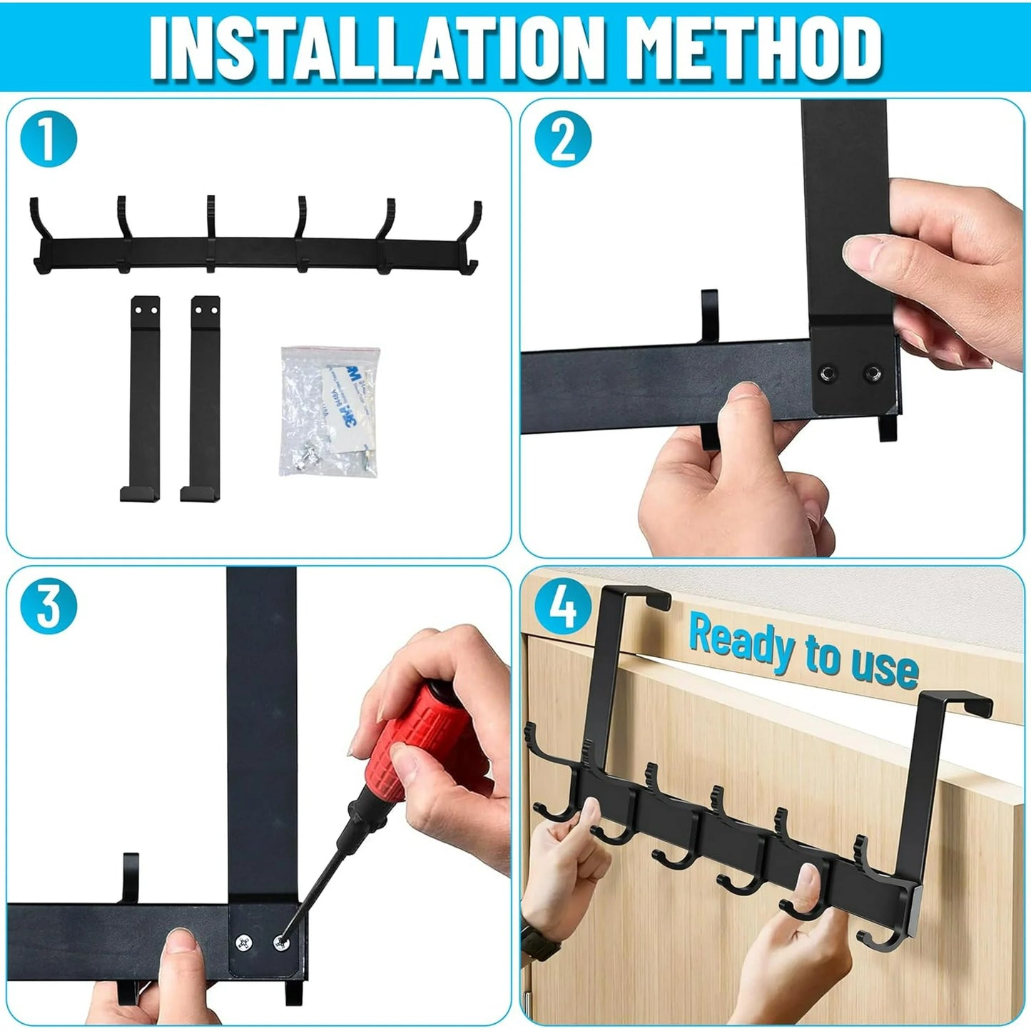 Over The Door Hooks for Hanging,Heavy Duty Hanger Holder for Hanging with 5 Dual Hooks,Over The Door Hanger Hook, Black Over the Door Towel Rack Fits 1-3/4" Thick Door