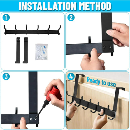 Over The Door Hooks for Hanging,Heavy Duty Hanger Holder for Hanging with 5 Dual Hooks,Over The Door Hanger Hook, Black Over the Door Towel Rack Fits 1-3/4" Thick Door