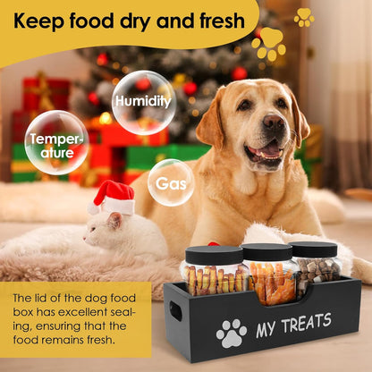 Dog Treat Container with 3 Plastic Dog Treat Jar, Dog Food Storage Container with Wooden Stand, Airtight Pet Food Storage Containers for Dogs and Cats, Dog Snacks Treat Organizer for Kitchen Counter