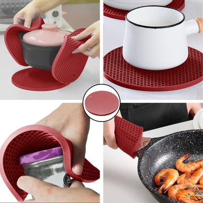 Oven Mitts and Pot Holders Sets,6pcs Pot Holders and Oven Mitts Heat Resistant, Non-Slip Silicone Mini Oven Gloves and Hot Pads for Kitchen,15" Extra Long Oven Gloves for Cooking,Red