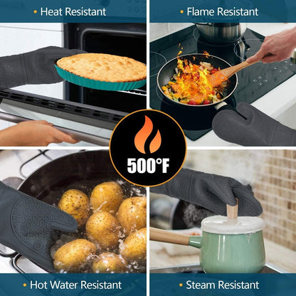 Oven Mitts and Pot Holders Sets,6pcs Pot Holders and Oven Mitts Heat Resistant, Non-Slip Silicone Mini Oven Gloves and Hot Pads for Kitchen,15" Extra Long Oven Gloves for Cooking,Black