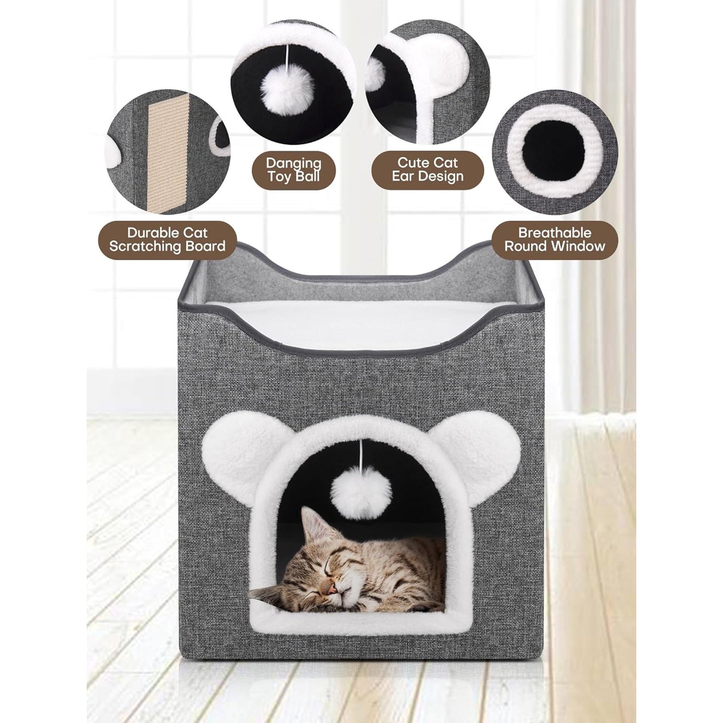 Cat Houses for Indoor Cats,Large Cat Cave with Fluffy Ball and Scratch Pad, Covered Cat Bed House, Foldable Cat Hideaway, 15.8”x15.8”x15.2”