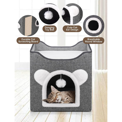 Cat Houses for Indoor Cats,Large Cat Cave with Fluffy Ball and Scratch Pad, Covered Cat Bed House, Foldable Cat Hideaway, 15.8”x15.8”x15.2”