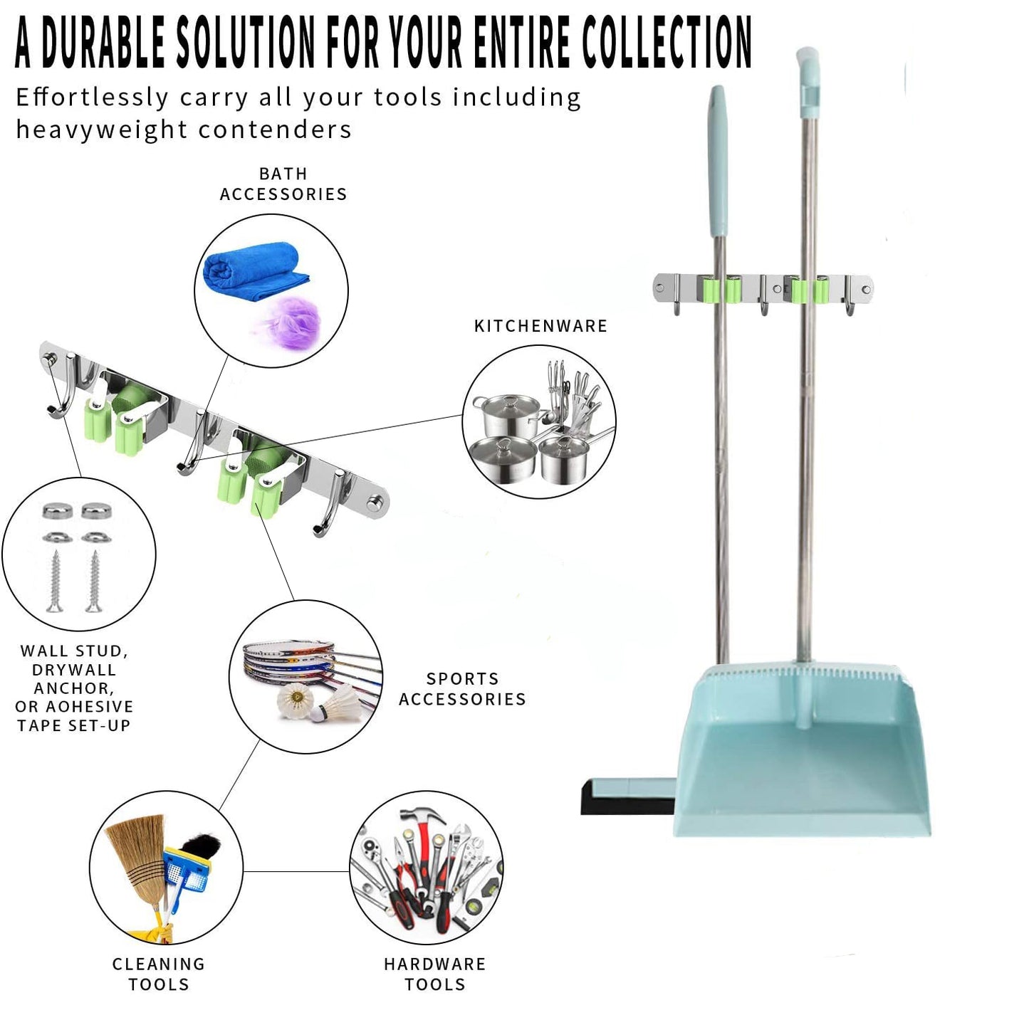 Mop and Broom Holder Wall Mounted/Broom and Mop Organizer Wall Hanger/Mop Broom Hanger Wall Mount/ Mop Broom Organizer Wall Mount/Tool Organizer Wall Mount/Garage Tool Organizer(3 Racks 4 Hooks)