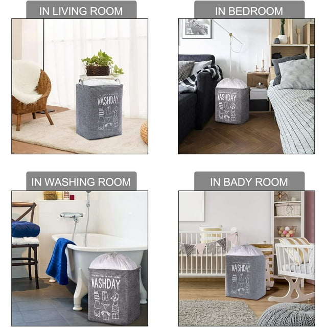 75L Freestanding Large Laundry Basket with Lid, Collapsible Large Drawstring Clothes Hamper Storage with Handle, Dinosam Storage Basket for Bathroom,Gray
