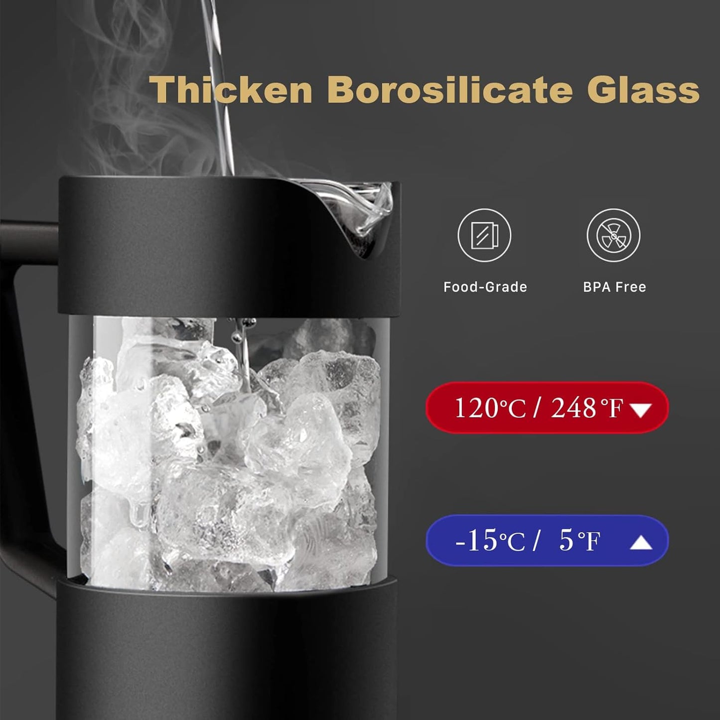 21 Ounce French Press Coffee Maker, 4-Cup Espresso Coffee Maker, Grey Cold Brew Heat Resistant Thickened Borosilicate Coffee Pot with 3 Stainless Steel Filtration System