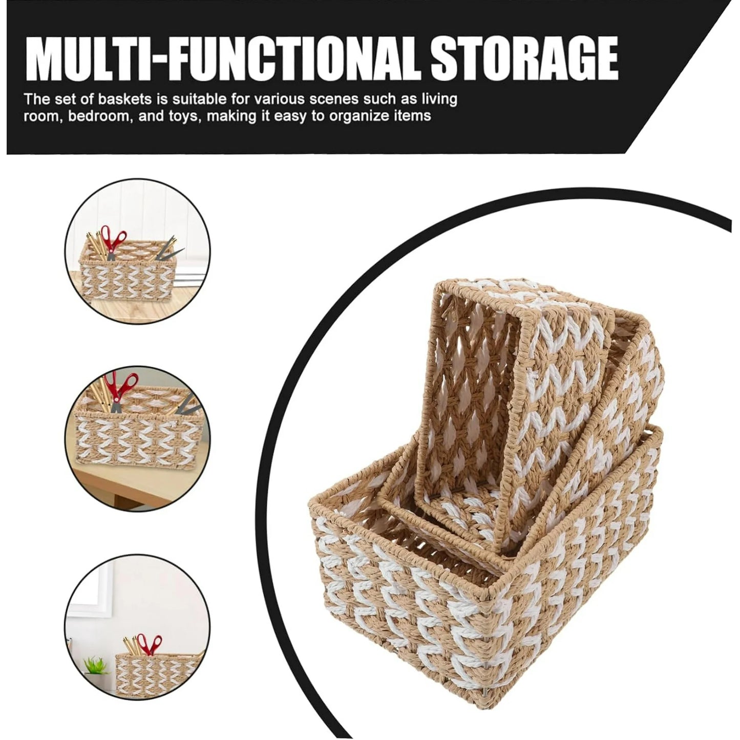 Wicker Basket Set of 3, Seagrass Storage Baskets for Shelves with Iron Wire Frame,Woven Baskets for Storage,Wicker Storage Basket for Bathroom, Bedroom, Laundry, Pantry, Shelves