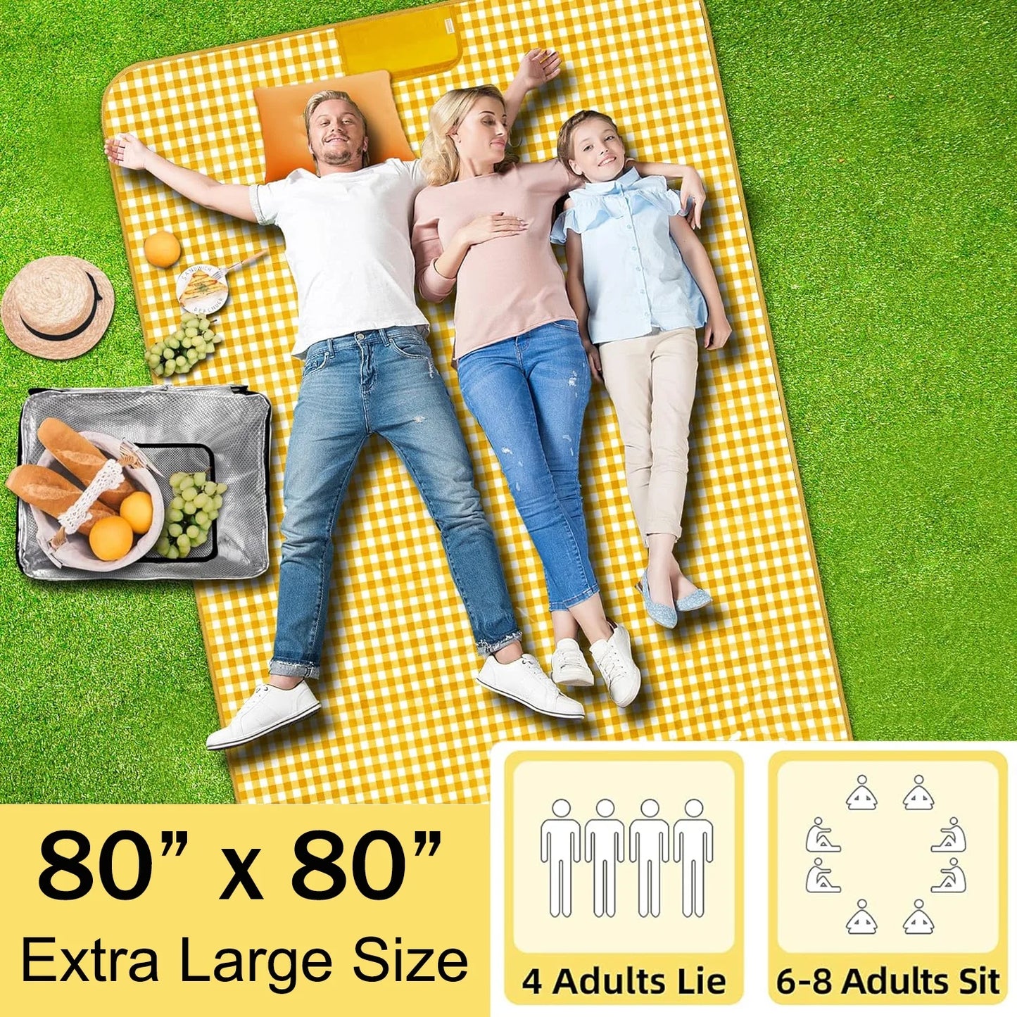 Picnic Blanket Handy Mat Tote Waterproof Sandproof Padding Portable Plaid Blanket for Lawn Park Beach Travel Yellow