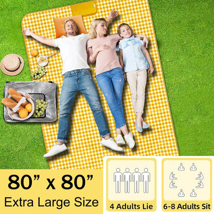 Picnic Blanket Handy Mat Tote Waterproof Sandproof Padding Portable Plaid Blanket for Lawn Park Beach Travel Yellow