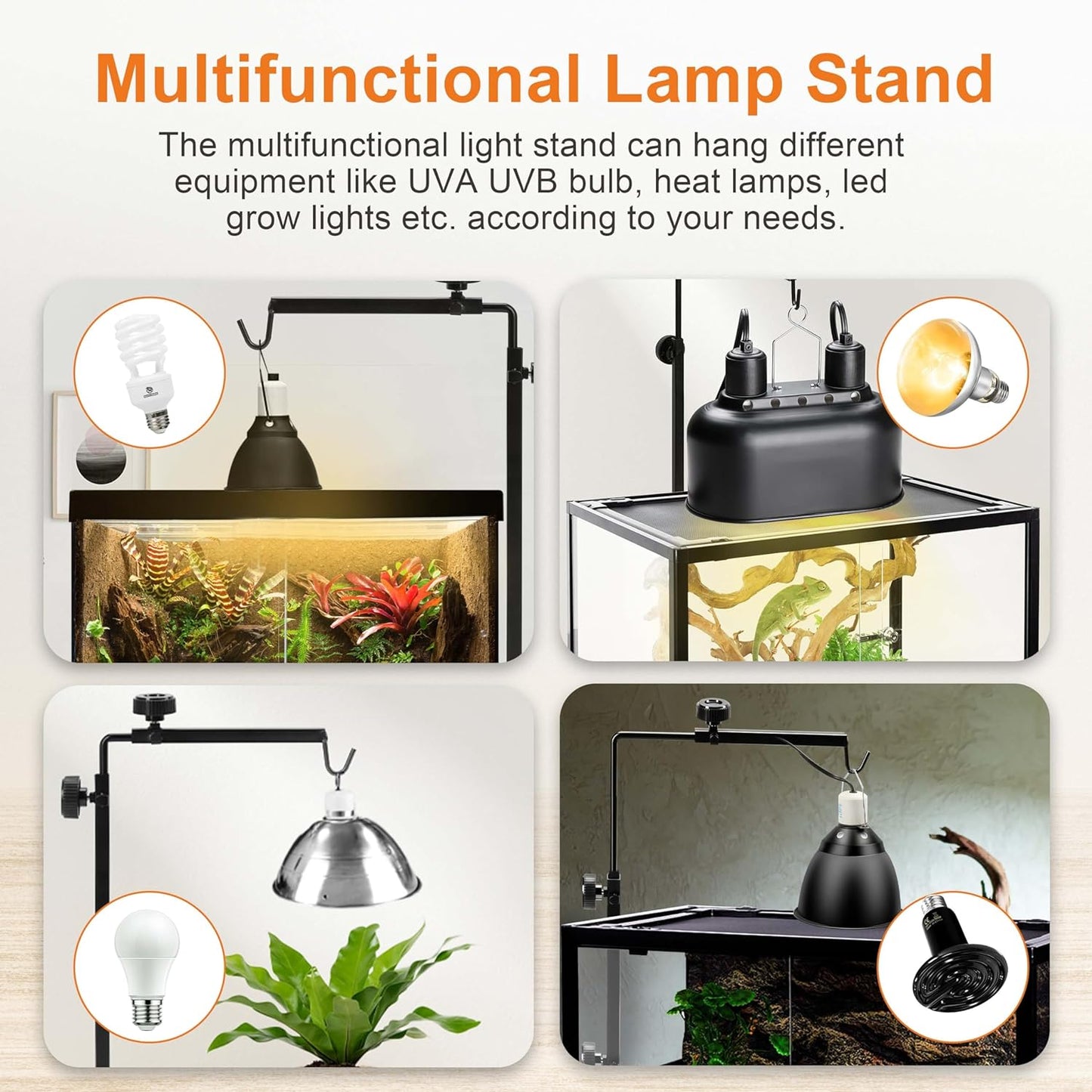 Reptile Domes Stand, Adjustable 17-37 Inch Heat Lamp Stand Fixture for Terrarium , Metal Basking Lamp Holder, Suitable for All Reptile Domes Lamp, L Size