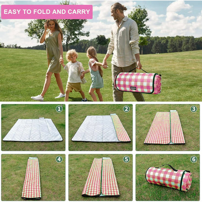 Picnic Blanket Extra Large Beach Blanket Waterproof Sandproof Beach Mat (80"x80"),0.34in Thickening Outdoor Blanket,Foldable Washable Camping Blanket,Wear-Resistant,Soft & Comfortable,Pink & White