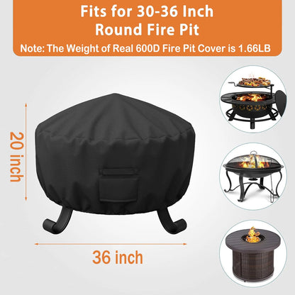 Fire Pit Cover Round for Fire Pit 30 Inch-36 Inch,600D Heavy Duty Outdoor Fire Pit Cover Patio Outdoor Fireplace Cover with Drawstring,2 Handles, Air Vents and Storage Bag,36 x 20 In,Weight:1.66lb