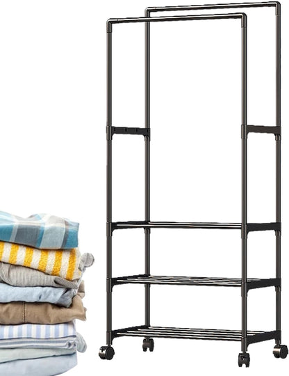Double Rail Clothes Rack, Domaci Coat and Shoe Rack Entryway Hall Tree, Heavy Duty Clothes Drying Rack, Metal Double Rod Clothing Garment Rack Coat Rail Black