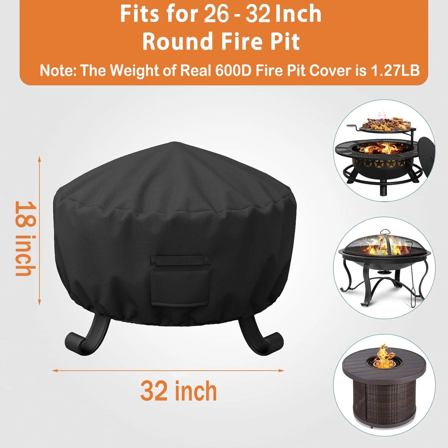 Fire Pit Cover Round for Fire Pit 26 Inch-32 Inch,600D Heavy Duty Outdoor Fire Pit Cover Full Coverage Patio Outdoor Fireplace Cover,Waterproof,Dustproof and Anti UV,32 x 18 Inch,Black, Weight: 1.27lb