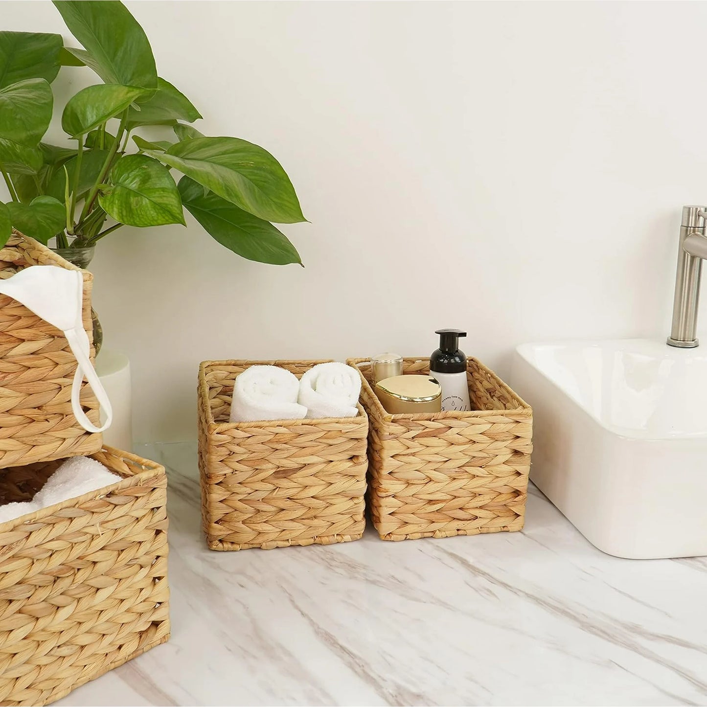 2PCS Wicker Storage Basket ,Domaci Water Hyacinth Storage Baskets,Wicker Cube Baskets Set
