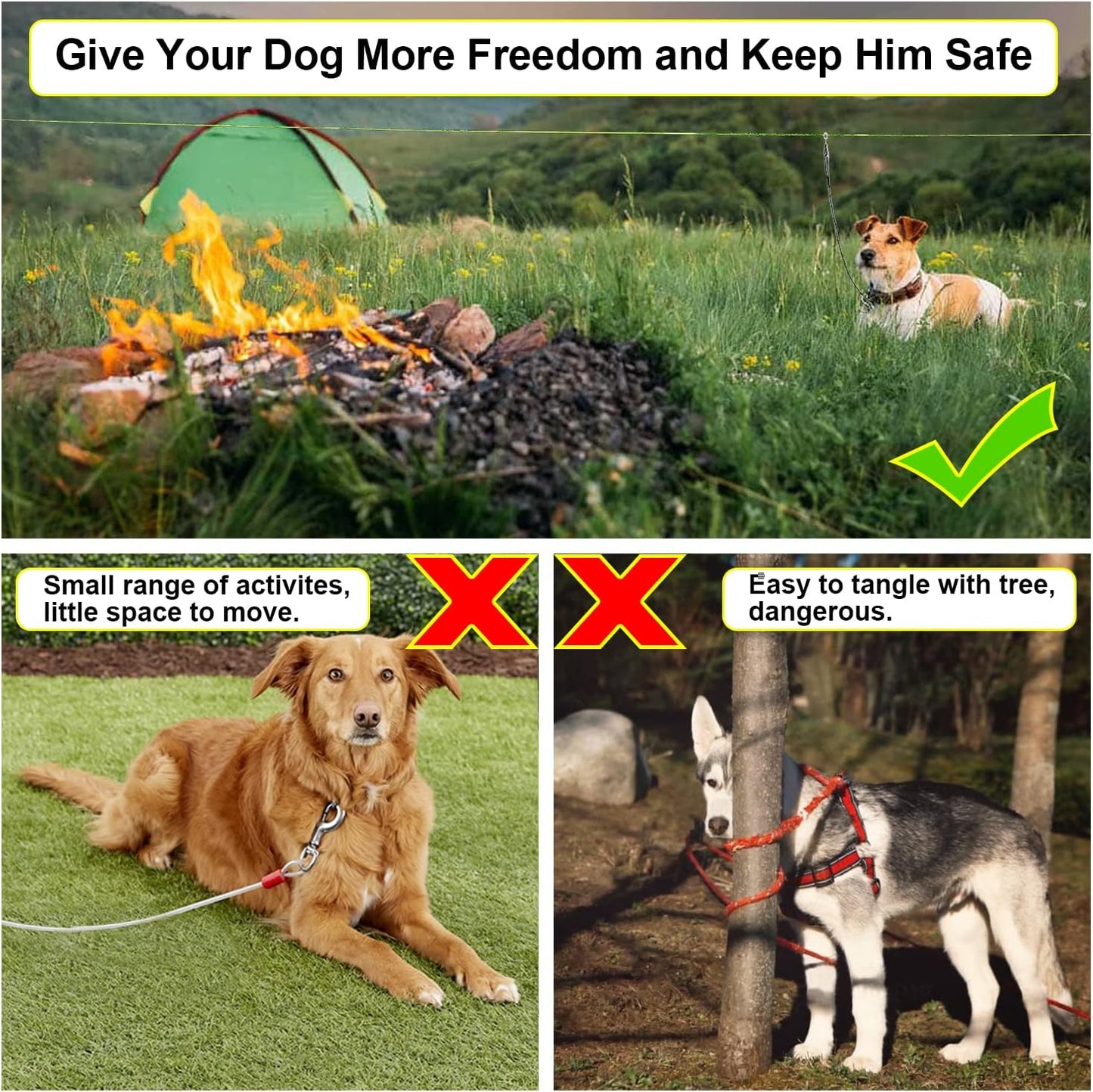 50ft Dog Tie Out Cable for Camping with 10ft Dog Lead for Dog Run,Long Leash for Dogs Outside Reflective Dog Chains for Outside with 360° Tangle Free &Heavy-Duty Clasp for Dogs Up to 125 Lbs