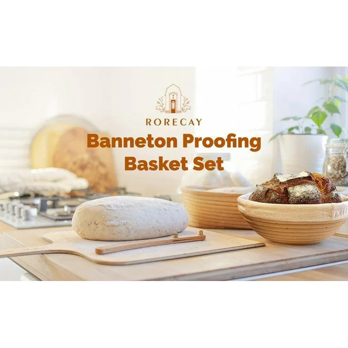 Bread Banneton Proofing Basket Set of 2, Domaci 9 Inch Round & 10 Oval Cane Sourdough Baskets with Lame,Dough Scraper Linen Liner Basting Brush for Making Baking Fermentation ﻿