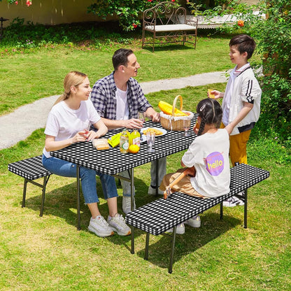 Vinyl Fitted Picnic Table Cover with Bench Covers & Bag, Waterproof Elastic Edges 72x30 Black
