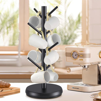 Mug Holder Tree, Domaci 360° Rotated 8 Hooks Coffee Cup Holder for Counter,Wood Coffee Mug Rack Standing for Coffee Bar Accessories and Kitchen Home Organizer (Black)