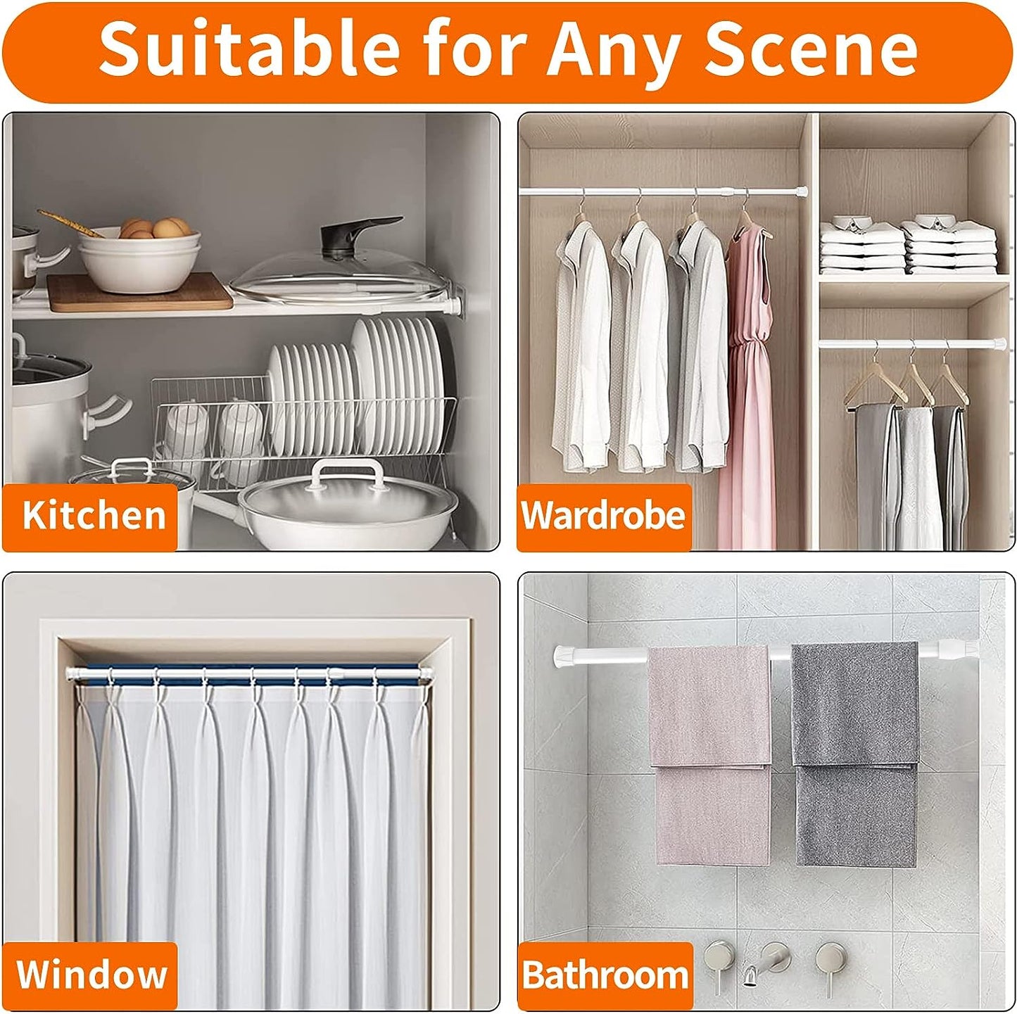 6 Pcs Tension Curtain Rods No Drilling,Adjustable Shower Curtain Rod for Windows 15.7 to 28 inch,Spring White Curtain Rod Closet Rod,Window Curtain Rod