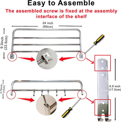 Towel Rack for Bathroom with Towel Bar,16in Bathroom Towel Holder for Bathroom Wall Mounted,Dinosam Foldable Bathroom Towel Rack with 1 Shelf 304 Stainless Towel Bar,Polished Silver