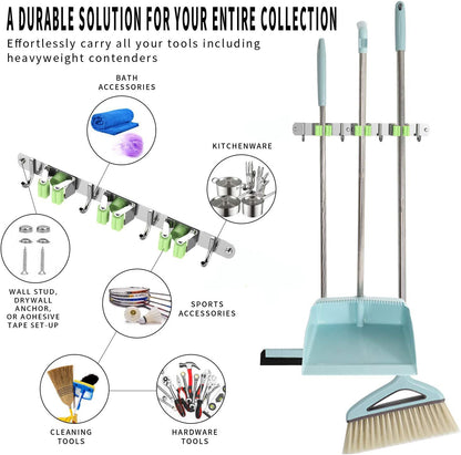Mop and Broom Holder Wall Mount Mop Broom Hanger Wall Mounted, Heavy Duty Mop and Broom Organizer Wall Mount, Mounting Holes Broom Storage Rack for Laundry Room, Garage Organization