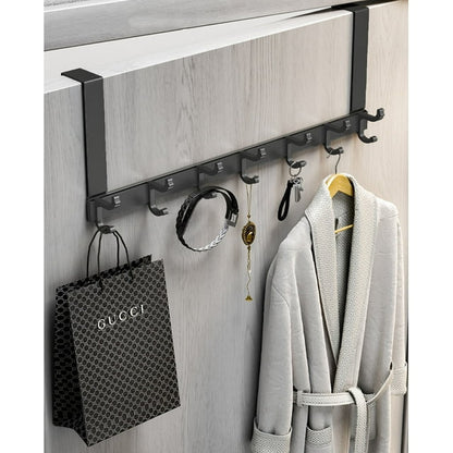 Over The Door Hooks,Over The Door Organizer, Movable over the Door Towel Rack with 6 Dual Coat Hangers,Heavy-Duty Over Door Hook Organizer, Black Over The Door Hanger Fits 1-3/4" Thick