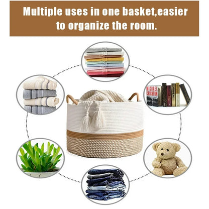 Large Laundry Basket Cotton Rope Storage Basket(16"x14"), Domaci Woven Baskets for Storage,Blanket Basket,Toy Storage Basket,Pillow Basket,Round Basket,Baby Hamper