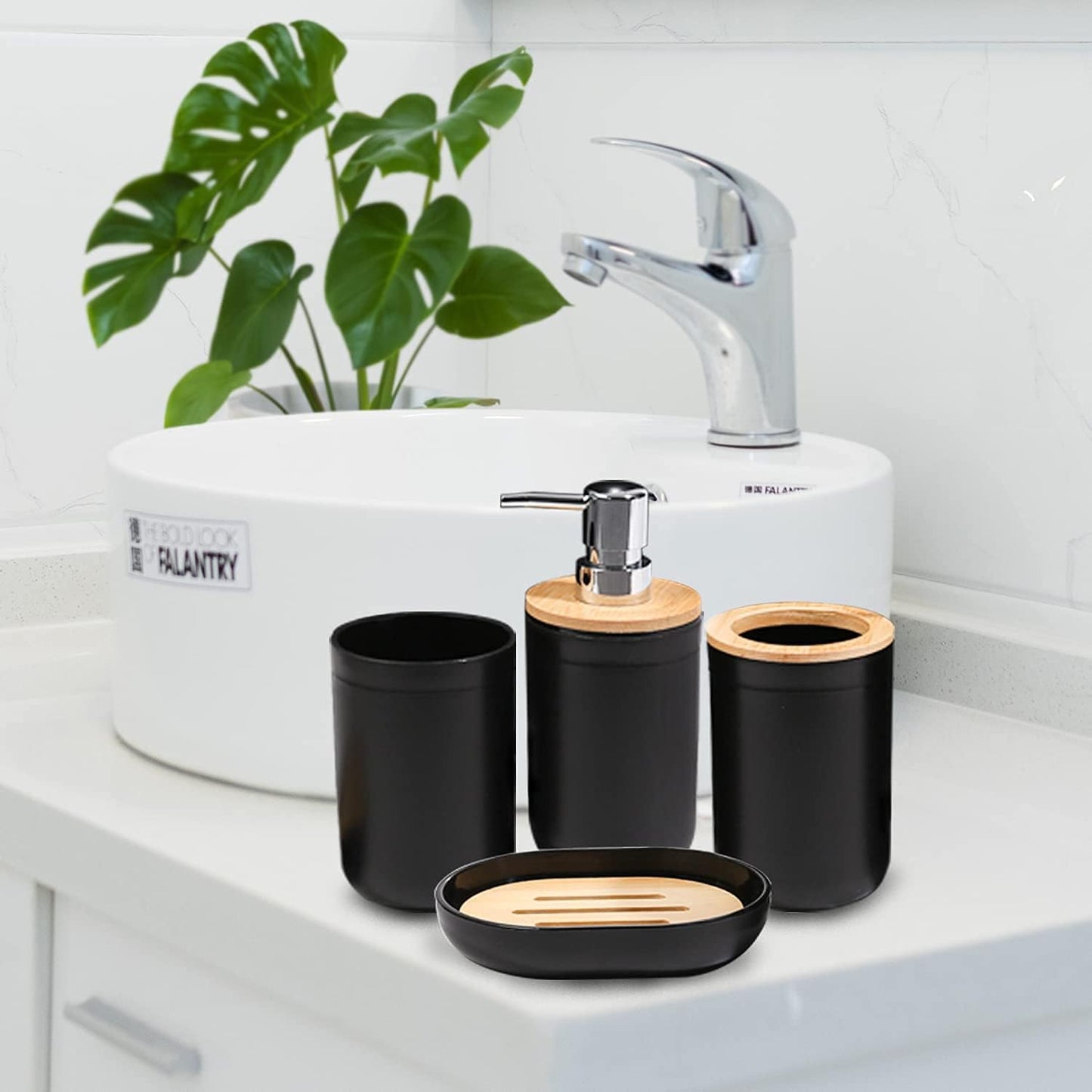 Bathroom Accessory Set, 4 Packs Dinosam Bamboo Waterproof Gift Set Plastic Toothbrush Cup Lotion Dispenser Soap Box Tooth Mug Modern Style for Home Hotel