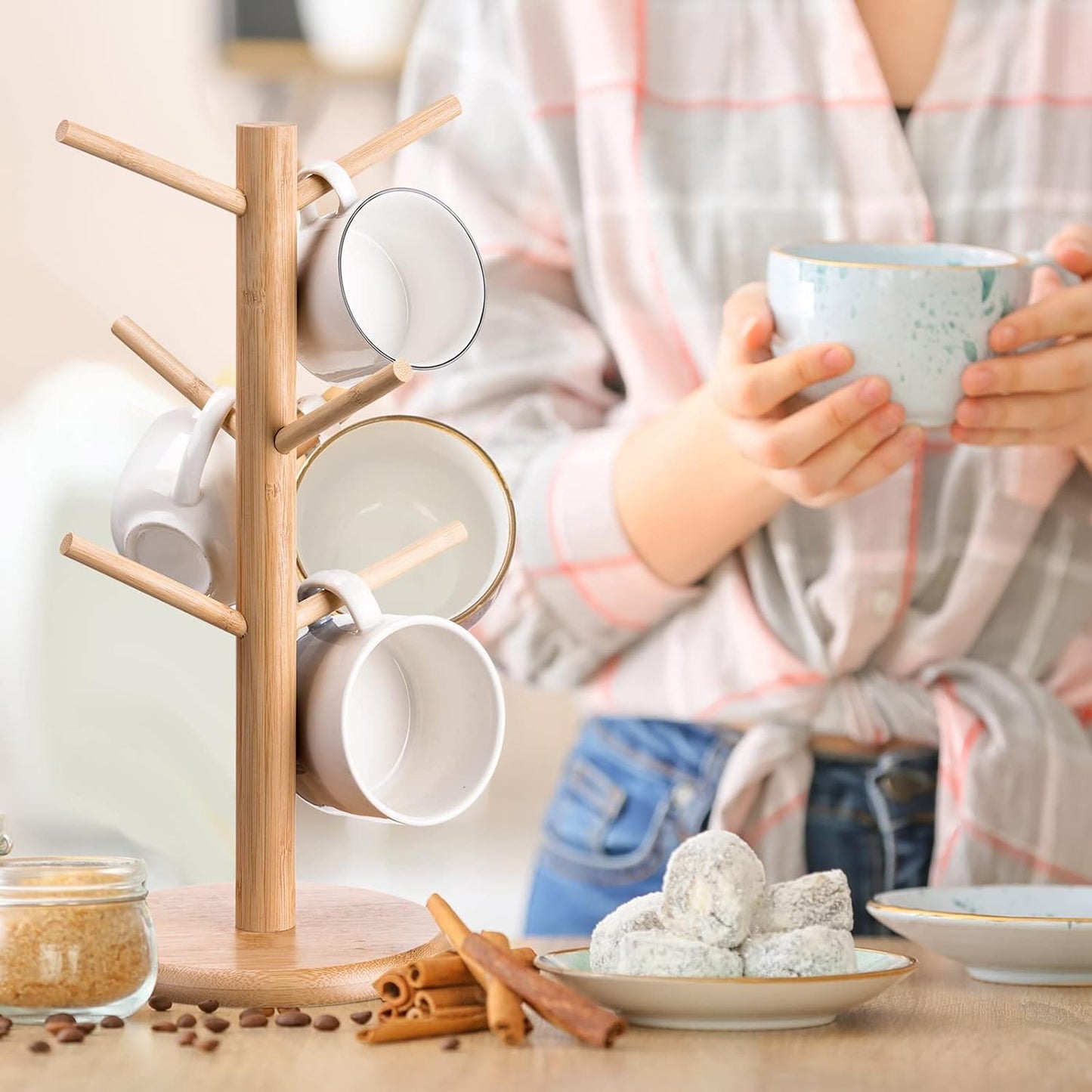 14 Inch Coffee Mug Tree Mug Holder Tree Coffee Mug Rack Cup Holder for Counter with 6 Hooks Removable Mug Stands