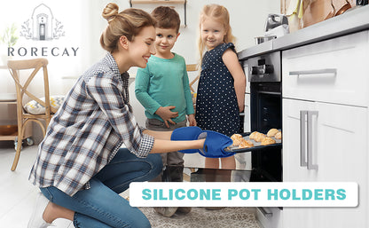 Silicone Pot Holders Sets: RORECAY Heat Resistant Oven Hot Pads with Pockets Non Slip Grip Large Potholders for Kitchen Baking Cooking | Quilted Liner | 9.8 x 7.6 Inches (RoyalBlue, 2)