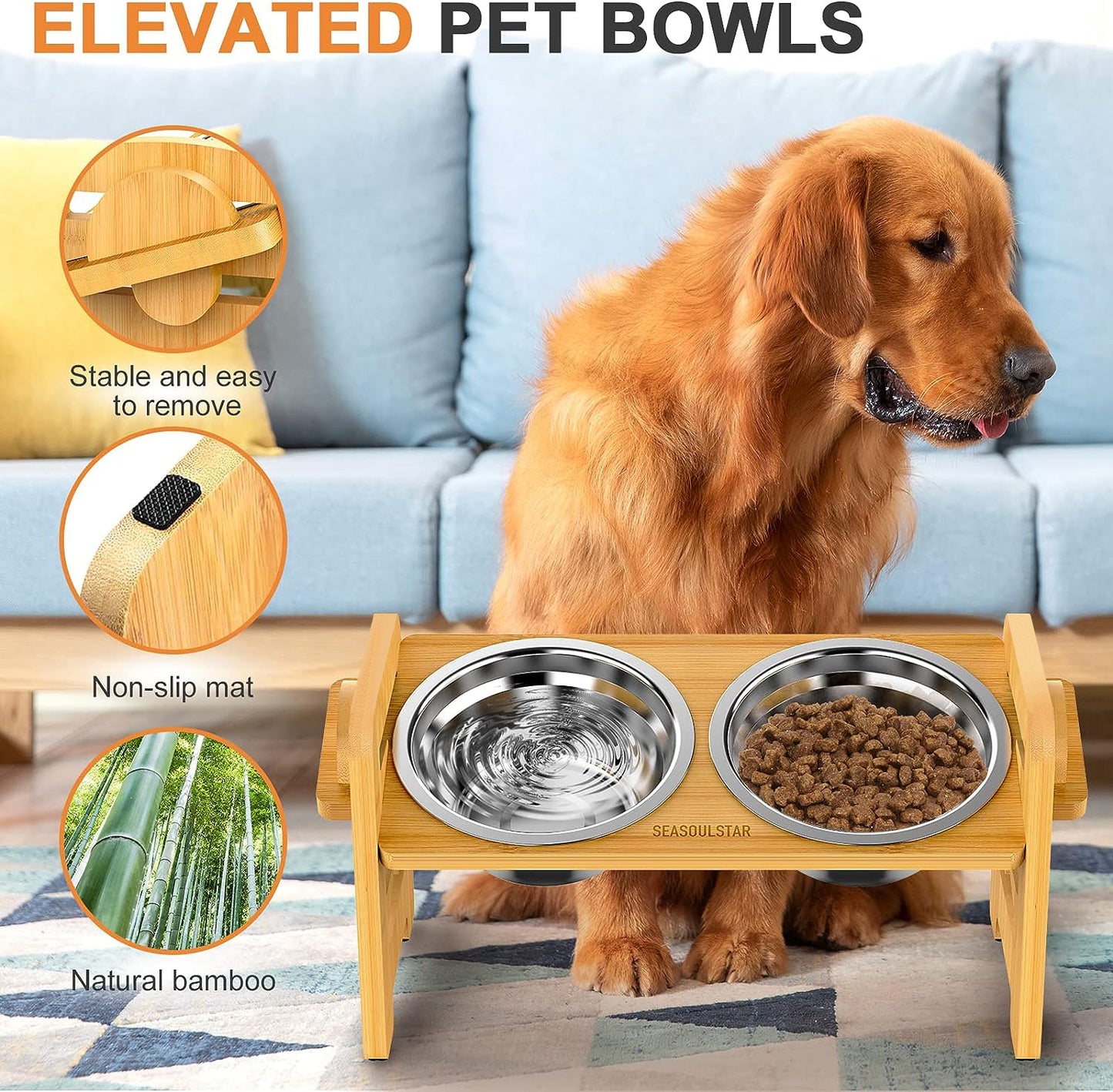 Elevated Dog Bowls for Small Dogs, Elevated Cat Bowls for Indoor Cats, Adjustable Raised Dog Bowl Stand, Raised Cat food Bowls with 2 Stainless Steel Bowls, Bamboo Dog Food Bowls with Stand