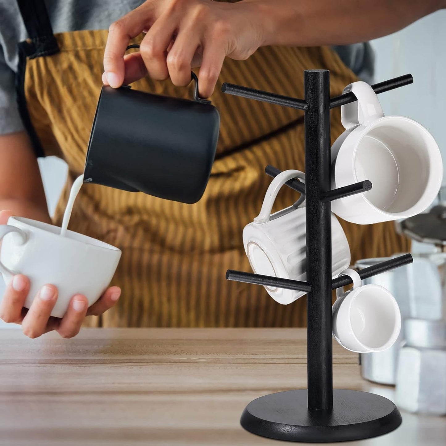 14 Inch Coffee Mug Tree Mug Holder Tree Coffee Mug Rack Cup Holder for Counter with 6 Hooks Removable Mug Stands (Black)