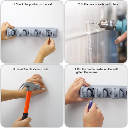 Mop Broom Holder Wall Mount, Plastic Broom Organizer Wall Mount, Organizations and Storage with Hooks Heavy Duty, Garden Kitchen Tool Organizer for Home Cleaning Supplies (4 Positions, 5 Hooks)